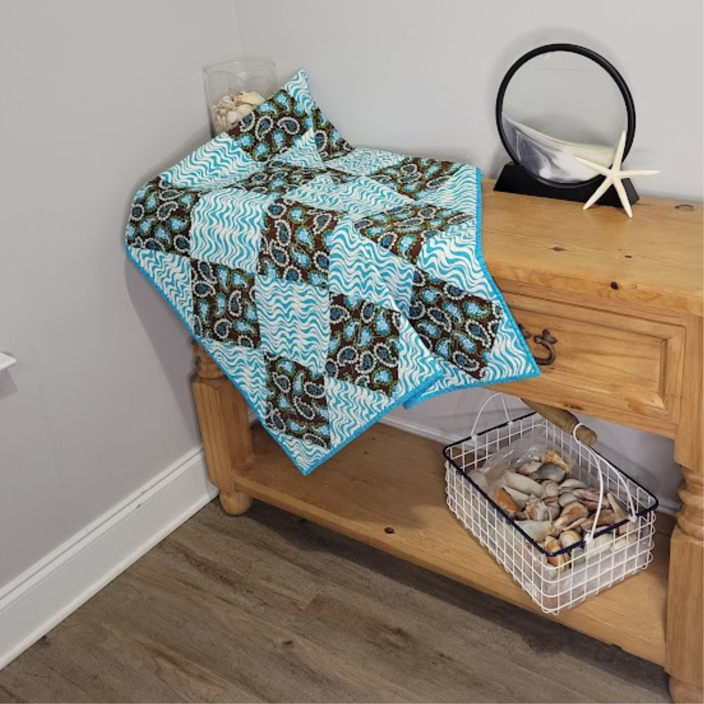 Turquoise and Brown Paisley Quilt or Wall Hanging