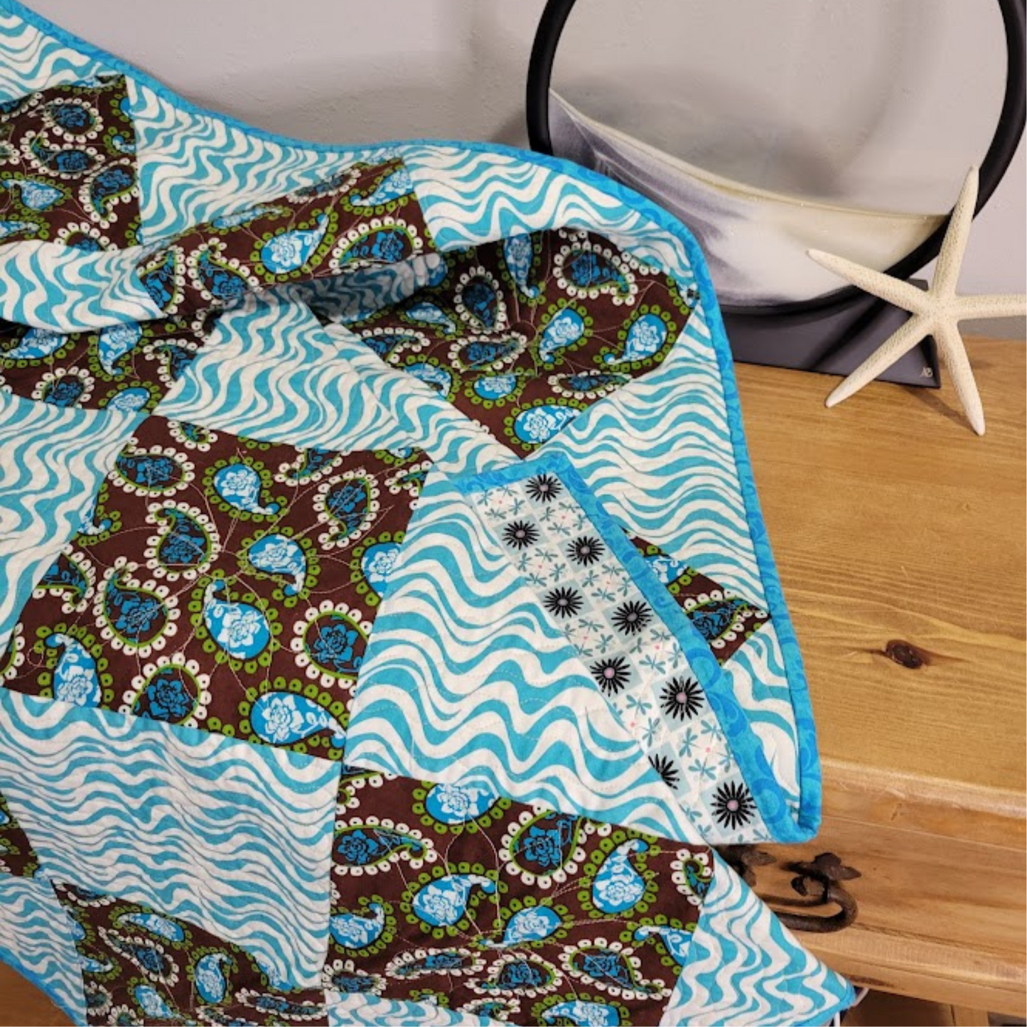 Turquoise and Brown Paisley Quilt or Wall Hanging