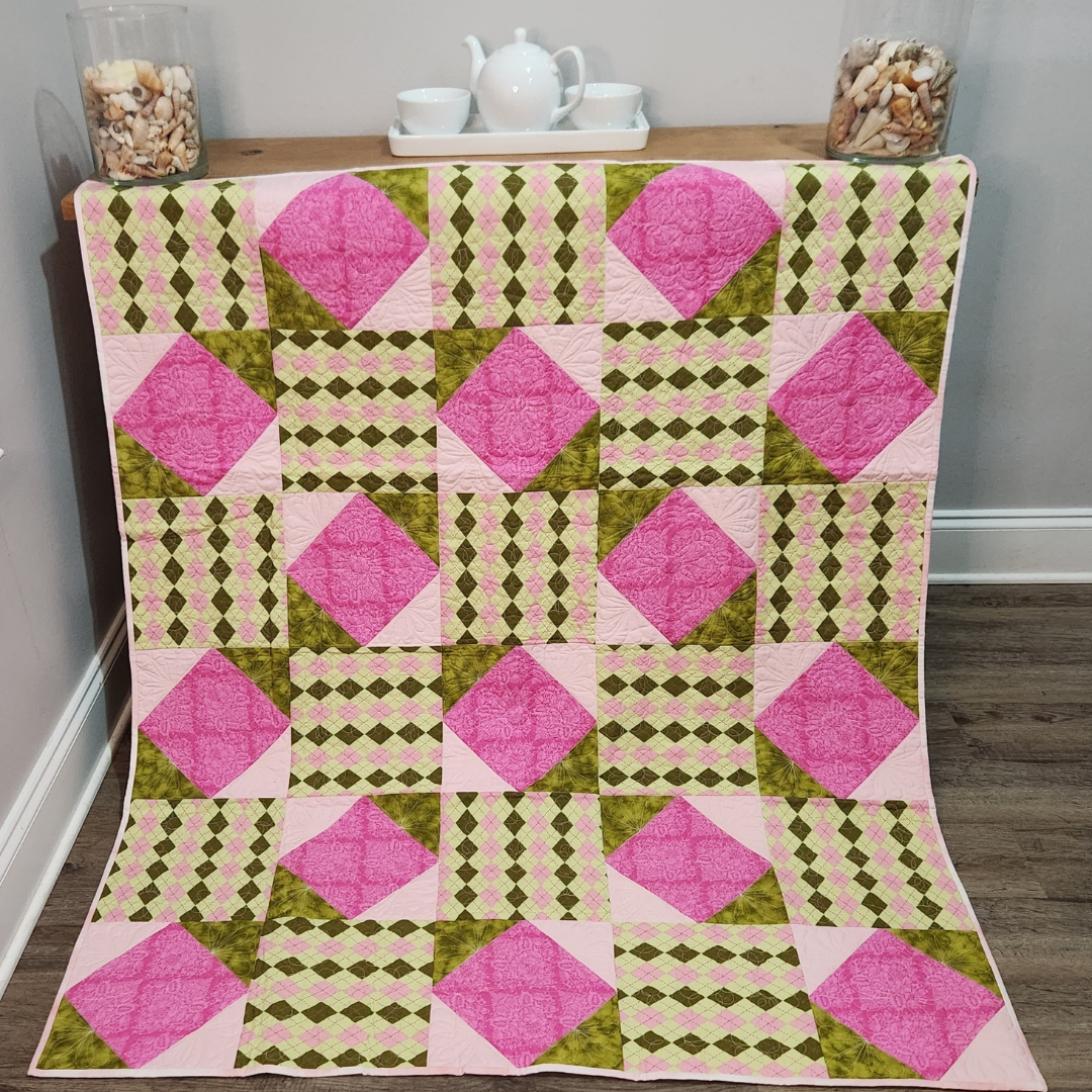 Argyle Print Small Quilt in Pinks and Greens