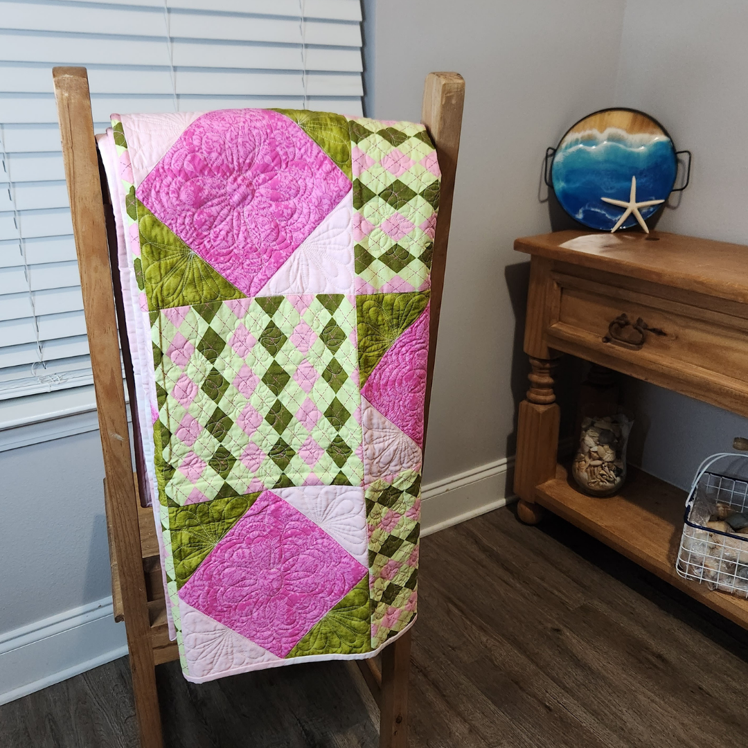 Argyle Print Small Quilt in Pinks and Greens