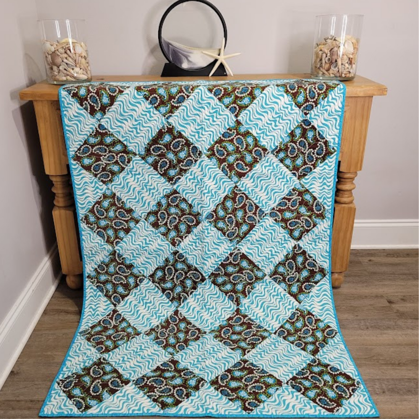 Turquoise and Brown Paisley Quilt or Wall Hanging