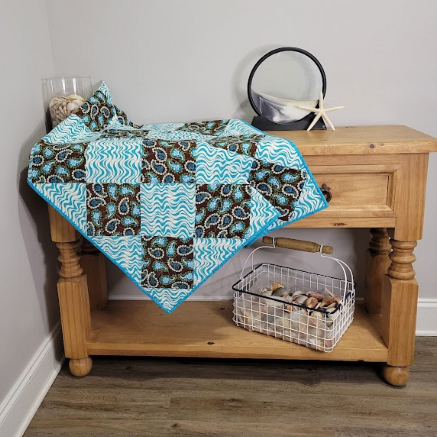 Turquoise and Brown Paisley Quilt or Wall Hanging