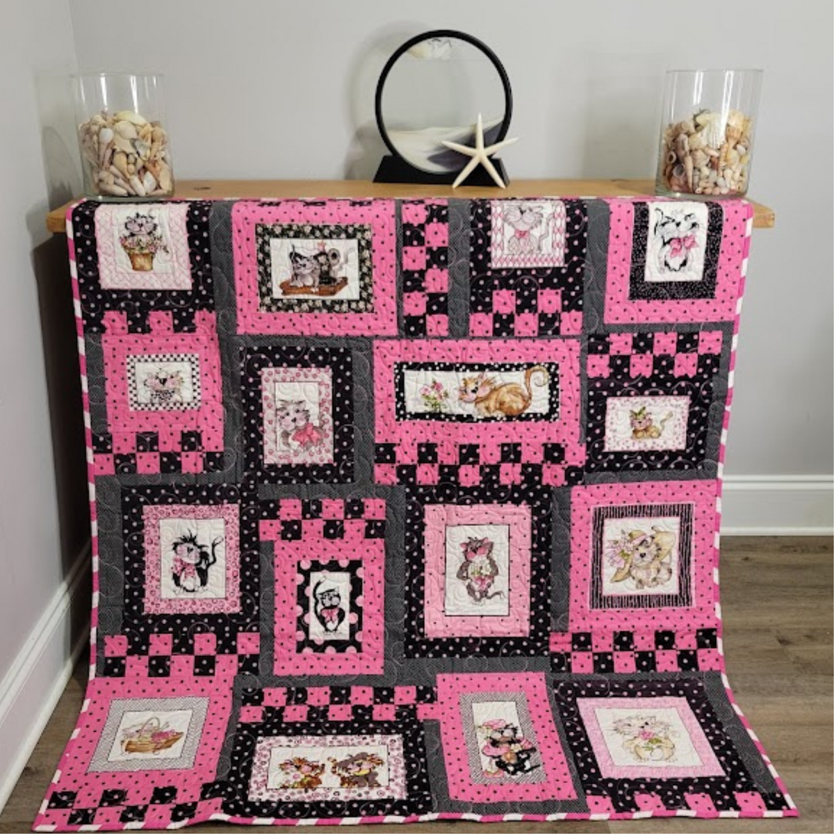 Pink Polka Dot Cats Wall Hanging
